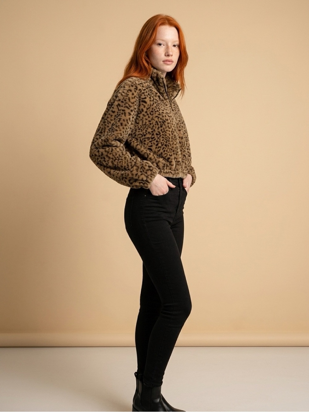 Timing Leopard Teddy Half-Zip Jacket in Brown and Black